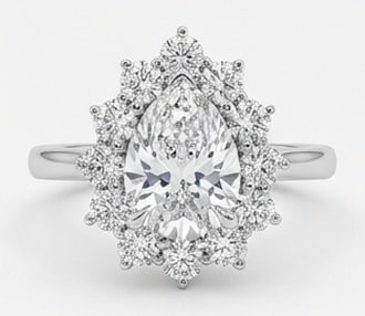 Lab Grown 4.00 Ct Pear Diamond Ring – Pear shape with jagged/sunburst cluster diamond halo – in (1 of 4)