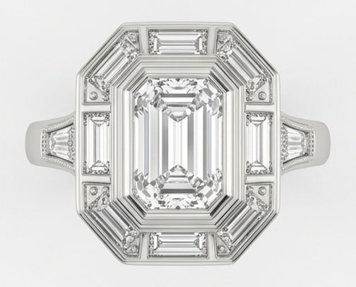 Lab Grown 2.00 Ct Emerald Diamond Ring – Art Deco architectural setting with baguette diamond halo (1 of 4)