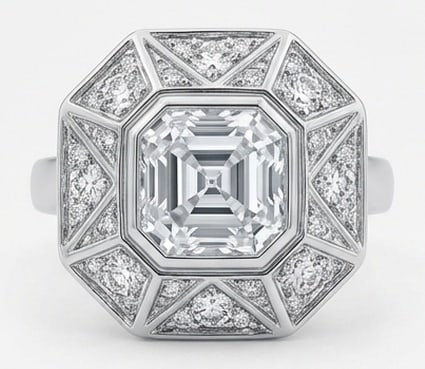 Lab Grown 4.00 Ct Asscher Diamond Ring – Art Deco octagonal target ring with bezel setting and (1 of 3)