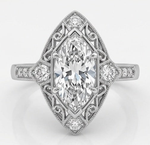 Lab Grown 3.00 Ct Marquise Diamond Ring – Vintage-style Marquise with intricate filigree and: Chic and distinctive, this ring showcases a 3.00 carat lab grown Marquise center diamond. Set in White Gold, the ring is styled with vintage-style marquise with intricate filigree and milgrain geometr