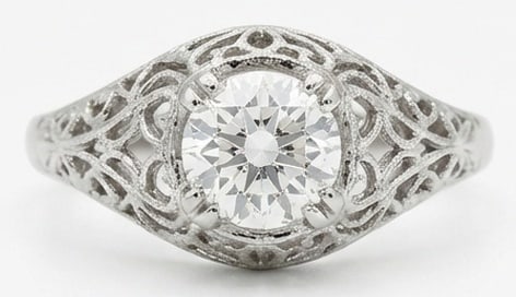 Lab Grown 3.00 Ct Round Diamond Ring – Antique-style filigree dome setting with bezel set center: Bold yet refined, this design showcases a 3.00 carat lab grown Round center diamond. White Gold gives the piece a refined, neutral foundation for daily wear or events. The overall style follows a anti