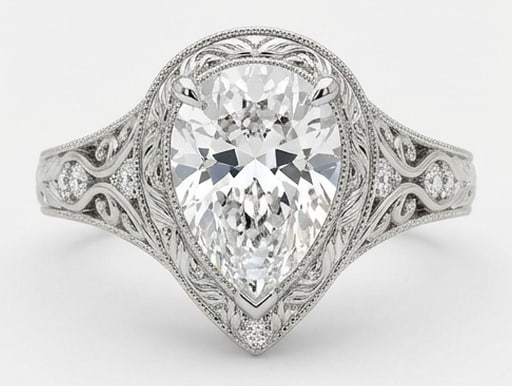 Lab Grown 5.00 Ct Pear Diamond Ring – Vintage solitaire with elaborate filigree shoulders and (1 of 4)
