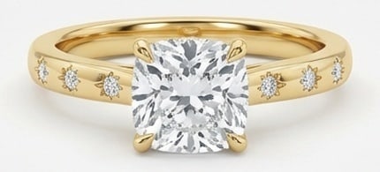Lab Grown 4.00 Ct Cushion Diamond Ring – Modern solitaire with flush-set starburst diamond accents: Graceful and eye-catching, this ring is set with a 4.00 carat lab grown Cushion center diamond. Yellow Gold gives the piece a refined, neutral foundation for daily wear or events. The overall style fo