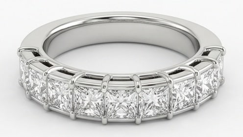 Lab Grown 3.00 Ct Princess Diamond Ring – Eternity-style wedding band with semi-bezel/bar set: Classic with a contemporary edge, this ring spotlights a 3.00 carat lab grown Princess center diamond. Set in White Gold, the ring is styled with eternity-style wedding band with semi-bezel bar set sq