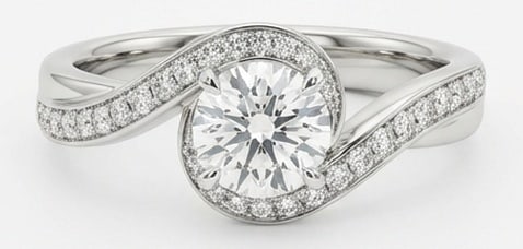 Lab Grown 3.00 Ct Round Diamond Ring – Swirl/bypass setting with pave diamond channel and halo –: Striking and elegant, this ring features a 3.00 carat lab grown Round center diamond. Featuring the Swirl bypass setting with pave diamond channel and halo styling that frames the centerpiece and shap