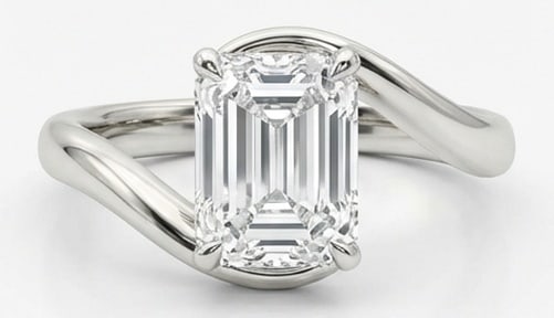 Lab Grown 4.00 Ct Emerald Diamond Ring – Modern fluid bypass setting with solitaire emerald cut: A timeless statement, this ring highlights a 4.00 carat lab grown Emerald center diamond as the focal point. The modern fluid bypass setting with solitaire emerald cut design is paired with White Gold