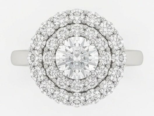 Lab Grown 2.00 Ct Round Diamond Ring – Double floral halo setting with round brilliant center –: Designed to stand out, this ring presents a 2.00 carat lab grown Round center diamond. White Gold gives the piece a refined, neutral foundation for daily wear or events. The overall style follows a do