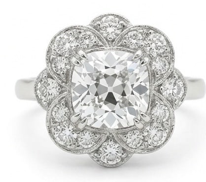 Lab Grown 3.00 Ct Cushion Diamond Ring – Vintage-style floral halo with cushion cut and milgrain: Distinctive in silhouette, this ring centers on a 3.00 carat lab grown Cushion center diamond. Featuring the Vintage-style floral halo with cushion cut and milgrain details design language, giving the