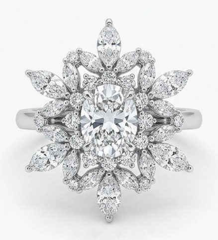 Lab Grown 2.00 Ct Oval Diamond Ring – Elaborate snowflake/starburst halo with oval center and: Graceful and eye-catching, this ring is set with a 2.00 carat lab grown Oval center diamond. Set in White Gold, the ring is styled with elaborate snowflake starburst halo with oval center and marquise