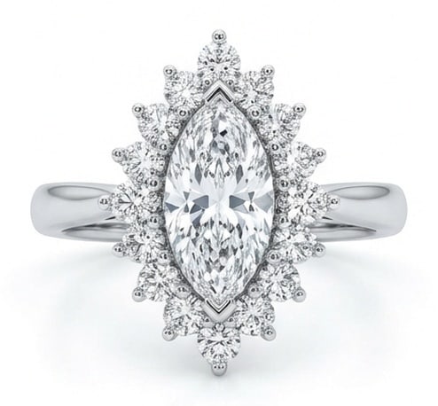 Lab Grown 3.00 Ct Marquise Diamond Ring – Starburst halo setting with marquise center and: Sophisticated and modern, this ring is defined by a 3.00 carat lab grown Marquise center diamond as the focal point. The starburst halo setting with marquise center and graduated round prongs design i