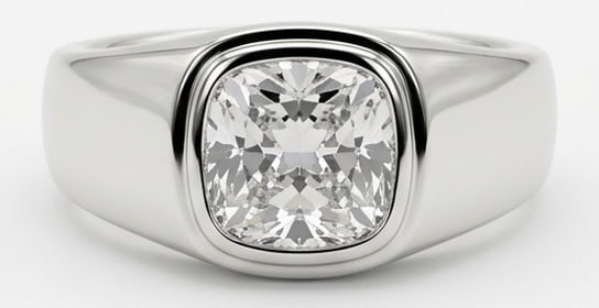 Lab Grown 4.00 Ct Cushion Diamond Ring – Modern heavy "gypsy" style bezel setting with smooth: A timeless statement, this ring highlights a 4.00 carat lab grown Cushion center diamond. Featuring Modern heavy "gypsy" style bezel setting with smooth polished finish elements that bring depth and d
