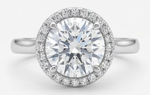 Lab Grown 4.00 Ct Round Diamond Ring – Classic halo setting with micropave diamond rim and plain: Distinctive in silhouette, this ring centers on a 4.00 carat lab grown Round center diamond as the focal point. The classic halo setting with micropave diamond rim and plain band design is paired with