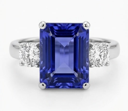 5.0 Ct Emerald Natural Tanzanite 14K White Gold Three-Stone Setting Ring - Certified: This certified fine jewelry piece features a 5.0 carat natural Tanzanite in a Emerald cut, crafted in 14K White Gold. The Three-Stone Setting design highlights the beauty of the natural center stone. 