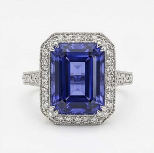 4.0 Ct Emerald Natural Tanzanite 14K White Gold Vintage Halo with Split Shank Ring - Certified: This certified fine jewelry piece features a 4.0 carat natural Tanzanite in a Emerald cut, crafted in 14K White Gold. The Vintage Halo with Split Shank design highlights the beauty of the natural cent