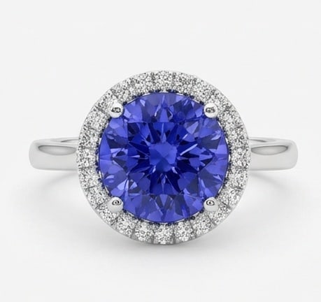 3.0 Ct Round Natural Tanzanite 14K White Gold Halo Setting with Plain Shank Ring - Certified: This certified fine jewelry piece features a 3.0 carat natural Tanzanite in a Round cut, crafted in 14K White Gold. The Halo Setting with Plain Shank design highlights the beauty of the natural center