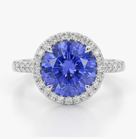 3.0 Ct Round Natural Tanzanite 14K White Gold Halo Setting with Pave Shank Ring - Certified: This certified fine jewelry piece features a 3.0 carat natural Tanzanite in a Round cut, crafted in 14K White Gold. The Halo Setting with Pave Shank design highlights the beauty of the natural center 
