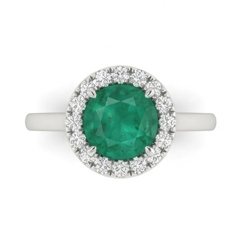 2.0 Ct Round Natural Emerald 14K White Gold Halo Setting with Plain Shank Ring - Certified: This certified fine jewelry piece features a 2.0 carat natural Emerald in a Round cut, crafted in 14K White Gold. The Halo Setting with Plain Shank design highlights the beauty of the natural center s