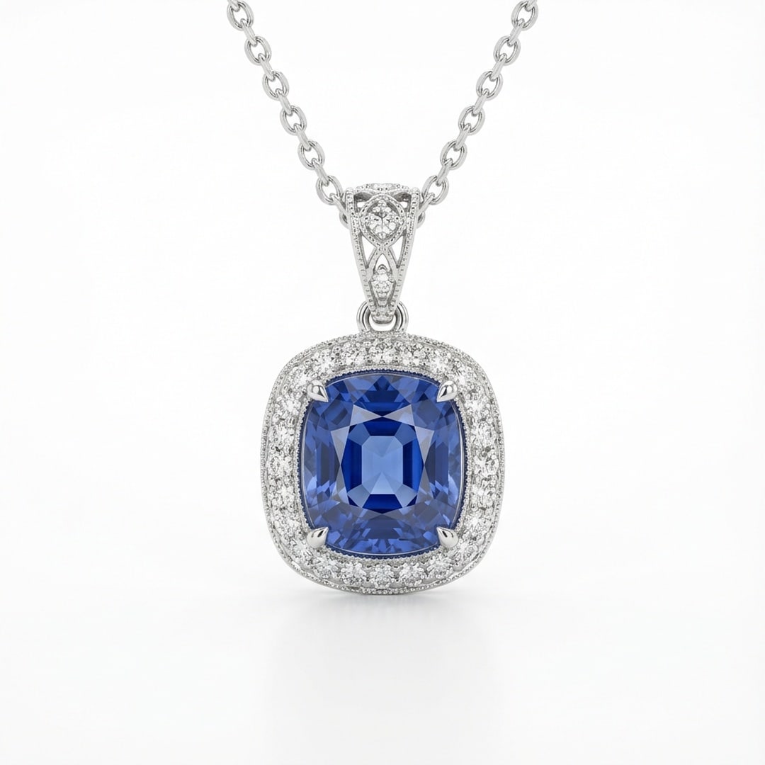2.5 Ct Cushion Natural Tanzanite 14K White Gold Pendant with Halo & Decorative Bail - Certified (1 of 2)