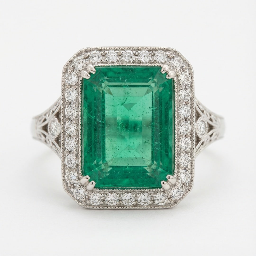4.0 Ct Emerald Natural Emerald 14K White Gold Vintage Halo with Split Shank Ring - Certified: This certified fine jewelry piece features a 4.0 carat natural Emerald in a Emerald cut, crafted in 14K White Gold. The Vintage Halo with Split Shank design highlights the beauty of the natural center