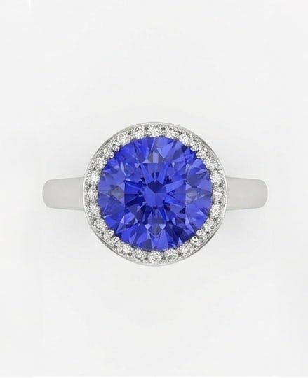 3.0 Ct Round Natural Tanzanite 14K White Gold Halo Setting with Plain Shank Ring - Certified: This certified fine jewelry piece features a 3.0 carat natural Tanzanite in a Round cut, crafted in 14K White Gold. The Halo Setting with Plain Shank design highlights the beauty of the natural center