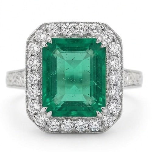 3.5 Ct Emerald Natural Emerald 14K White Gold Vintage Halo with Engraved Shank Ring - Certified: This certified fine jewelry piece features a 3.5 carat natural Emerald in a Emerald cut, crafted in 14K White Gold. The Vintage Halo with Engraved Shank design highlights the beauty of the natural cen