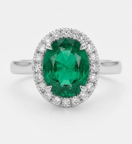 2.0 Ct Oval Natural Emerald 14K White Gold Halo Setting with Plain Shank Ring - Certified: This certified fine jewelry piece features a 2.0 carat natural Emerald in a Oval cut, crafted in 14K White Gold. The Halo Setting with Plain Shank design highlights the beauty of the natural center st