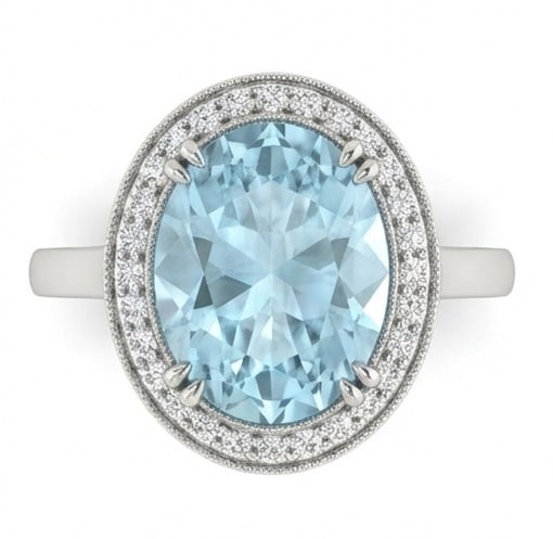4.0 Ct Oval Natural Aquamarine 14K White Gold Halo Setting with Plain Shank Ring - Certified: This certified fine jewelry piece features a 4.0 carat natural Aquamarine in a Oval cut, crafted in 14K White Gold. The Halo Setting with Plain Shank design highlights the beauty of the natural center