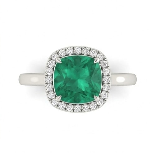 3.0 Ct Cushion Natural Emerald 14K White Gold Halo Setting with Plain Shank Ring - Certified: This certified fine jewelry piece features a 3.0 carat natural Emerald in a Cushion cut, crafted in 14K White Gold. The Halo Setting with Plain Shank design highlights the beauty of the natural center
