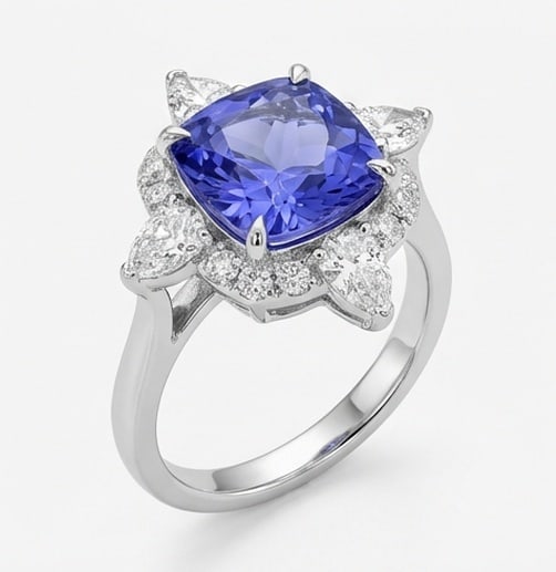 2.5 Ct Cushion Natural Tanzanite 14K White Gold Starburst / Floral Halo Ring - Certified: This certified fine jewelry piece features a 2.5 carat natural Tanzanite in a Cushion cut, crafted in 14K White Gold. The Starburst / Floral Halo design highlights the beauty of the natural center sto