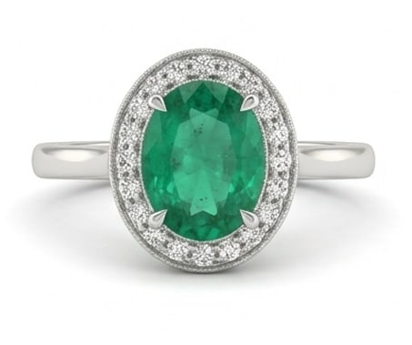 2.0 Ct Oval Natural Emerald 14K White Gold Vintage Bezel Halo Ring - Certified: This certified fine jewelry piece features a 2.0 carat natural Emerald in a Oval cut, crafted in 14K White Gold. The Vintage Bezel Halo design highlights the beauty of the natural center stone. It is 