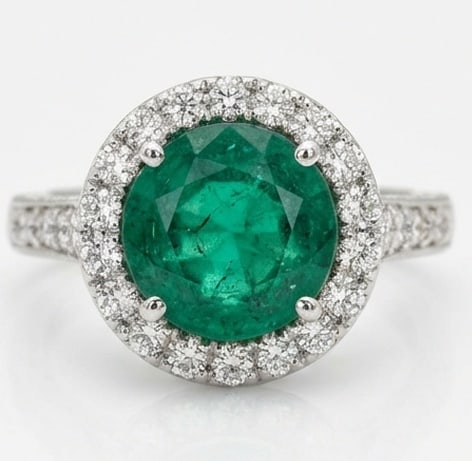 3.0 Ct Round Natural Emerald 14K White Gold Halo Setting with Pave Shank Ring - Certified: This certified fine jewelry piece features a 3.0 carat natural Emerald in a Round cut, crafted in 14K White Gold. The Halo Setting with Pave Shank design highlights the beauty of the natural center st