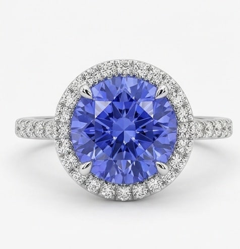 3.0 Ct Round Natural Tanzanite 14K White Gold Halo Setting with Pave Shank Ring - Certified: This certified fine jewelry piece features a 3.0 carat natural Tanzanite in a Round cut, crafted in 14K White Gold. The Halo Setting with Pave Shank design highlights the beauty of the natural center 
