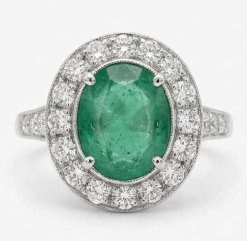 3.0 Ct Oval Natural Emerald 14K White Gold Halo Setting with Vintage Shank Ring - Certified: This certified fine jewelry piece features a 3.0 carat natural Emerald in a Oval cut, crafted in 14K White Gold. The Halo Setting with Vintage Shank design highlights the beauty of the natural center 