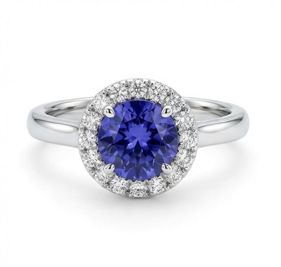 2.0 Ct Round Natural Tanzanite 14K White Gold Halo Setting with Plain Shank Ring - Certified: This certified fine jewelry piece features a 2.0 carat natural Tanzanite in a Round cut, crafted in 14K White Gold. The Halo Setting with Plain Shank design highlights the beauty of the natural center