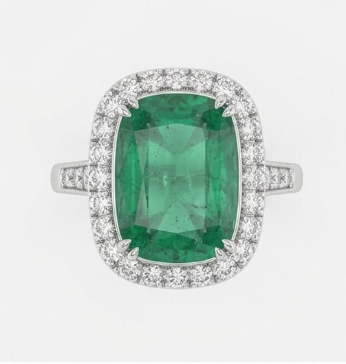 4.0 Ct Cushion Natural Emerald 14K White Gold Halo Setting with Pave Accents Ring - Certified: This certified fine jewelry piece features a 4.0 carat natural Emerald in a Cushion cut, crafted in 14K White Gold. The Halo Setting with Pave Accents design highlights the beauty of the natural cente