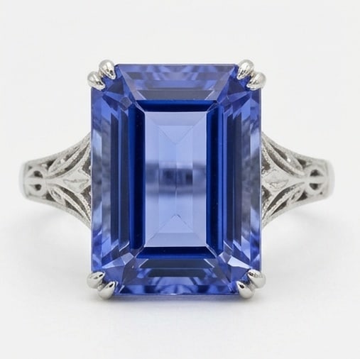 5.0 Ct Emerald Natural Tanzanite 14K White Gold Vintage Solitaire (Split Shank) Ring - Certified: This certified fine jewelry piece features a 5.0 carat natural Tanzanite in a Emerald cut, crafted in 14K White Gold. The Vintage Solitaire (Split Shank) design highlights the beauty of the natural ce