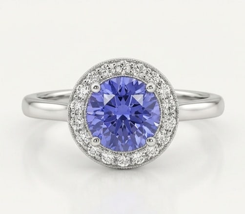 3.0 Ct Round Natural Tanzanite 14K White Gold Halo Setting with Plain Shank Ring - Certified: This certified fine jewelry piece features a 3.0 carat natural Tanzanite in a Round cut, crafted in 14K White Gold. The Halo Setting with Plain Shank design highlights the beauty of the natural center