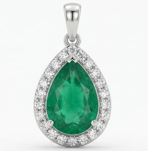 3.5 Ct Pear Natural Emerald 14K White Gold Pendant with Halo - Certified: This certified fine jewelry piece features a 3.5 carat natural Emerald in a Pear cut, crafted in 14K White Gold. The Pendant with Halo design highlights the beauty of the natural center stone. It is a
