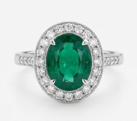 3.5 Ct Oval Natural Emerald 14K White Gold Halo Setting with Vintage Shank Ring - Certified: This certified fine jewelry piece features a 3.5 carat natural Emerald in a Oval cut, crafted in 14K White Gold. The Halo Setting with Vintage Shank design highlights the beauty of the natural center 