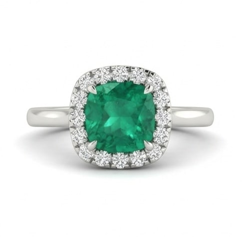 2.5 Ct Cushion Natural Emerald 14K White Gold Halo Setting with Plain Shank Ring - Certified: This certified fine jewelry piece features a 2.5 carat natural Emerald in a Cushion cut, crafted in 14K White Gold. The Halo Setting with Plain Shank design highlights the beauty of the natural center