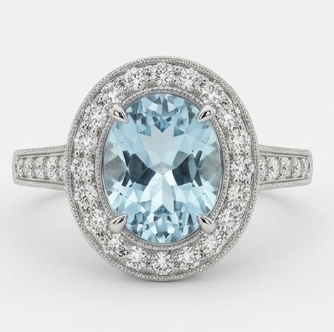 3.0 Ct Oval Natural Aquamarine 14K White Gold Halo Setting with Split Shank Ring - Certified: This certified fine jewelry piece features a 3.0 carat natural Aquamarine in a Oval cut, crafted in 14K White Gold. The Halo Setting with Split Shank design highlights the beauty of the natural center