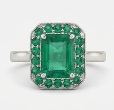 3.5 Ct Emerald Natural Emerald 14K White Gold Gemstone Halo Setting Ring - Certified: This certified fine jewelry piece features a 3.5 carat natural Emerald in a Emerald cut, crafted in 14K White Gold. The Gemstone Halo Setting design highlights the beauty of the natural center stone. 