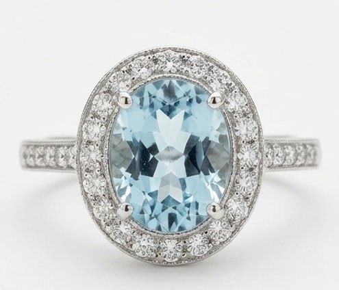 3.0 Ct Oval Natural Aquamarine 14K White Gold Halo Setting with Pave Shank Ring - Certified: This certified fine jewelry piece features a 3.0 carat natural Aquamarine in a Oval cut, crafted in 14K White Gold. The Halo Setting with Pave Shank design highlights the beauty of the natural center 