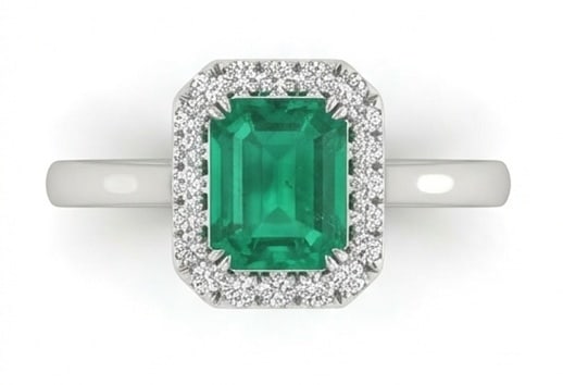 3.0 Ct Emerald Natural Emerald 14K White Gold Halo Setting with Plain Shank Ring - Certified: This certified fine jewelry piece features a 3.0 carat natural Emerald in a Emerald cut, crafted in 14K White Gold. The Halo Setting with Plain Shank design highlights the beauty of the natural center