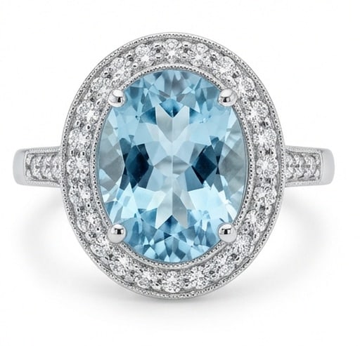 4.0 Ct Oval Natural Aquamarine 14K White Gold Halo Setting with Pave Shank Ring - Certified: This certified fine jewelry piece features a 4.0 carat natural Aquamarine in a Oval cut, crafted in 14K White Gold. The Halo Setting with Pave Shank design highlights the beauty of the natural center 