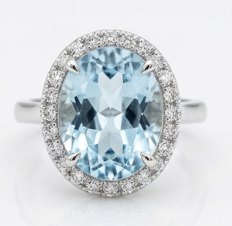 4.5 Ct Oval Natural Aquamarine 14K White Gold Halo Setting with Plain Shank Ring - Certified: This certified fine jewelry piece features a 4.5 carat natural Aquamarine in a Oval cut, crafted in 14K White Gold. The Halo Setting with Plain Shank design highlights the beauty of the natural center
