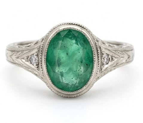 3.5 Ct Oval Natural Emerald 14K White Gold Vintage Solitaire with Engraving Ring - Certified: This certified fine jewelry piece features a 3.5 carat natural Emerald in a Oval cut, crafted in 14K White Gold. The Vintage Solitaire with Engraving design highlights the beauty of the natural center