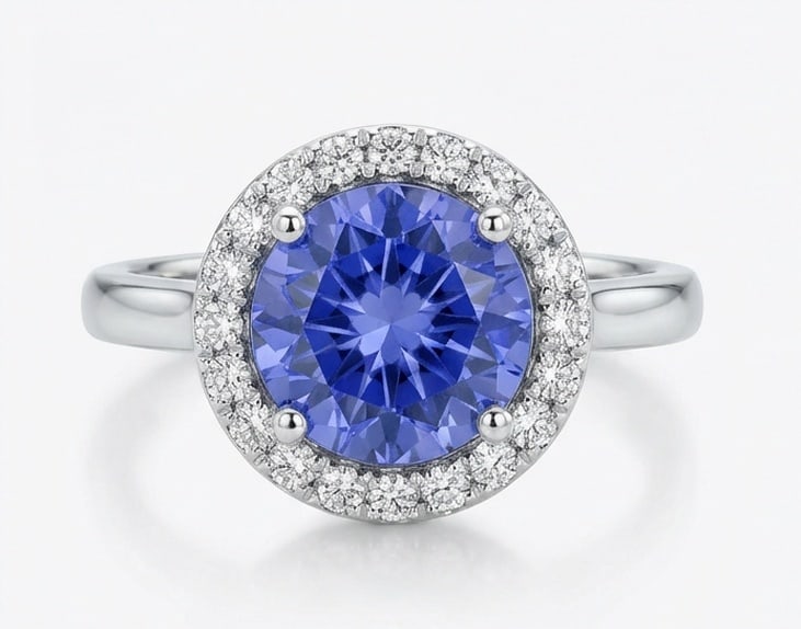 3.0 Ct Round Natural Tanzanite 14K White Gold Halo Setting with Plain Shank Ring - Certified: This certified fine jewelry piece features a 3.0 carat natural Tanzanite in a Round cut, crafted in 14K White Gold. The Halo Setting with Plain Shank design highlights the beauty of the natural center