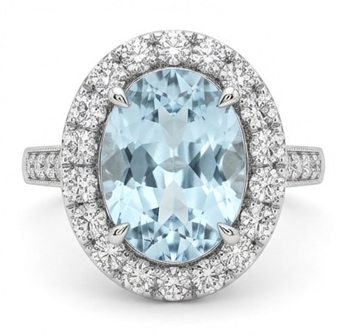 4.0 Ct Oval Natural Aquamarine 14K White Gold Halo Setting with Pave Shank Ring - Certified: This certified fine jewelry piece features a 4.0 carat natural Aquamarine in a Oval cut, crafted in 14K White Gold. The Halo Setting with Pave Shank design highlights the beauty of the natural center 
