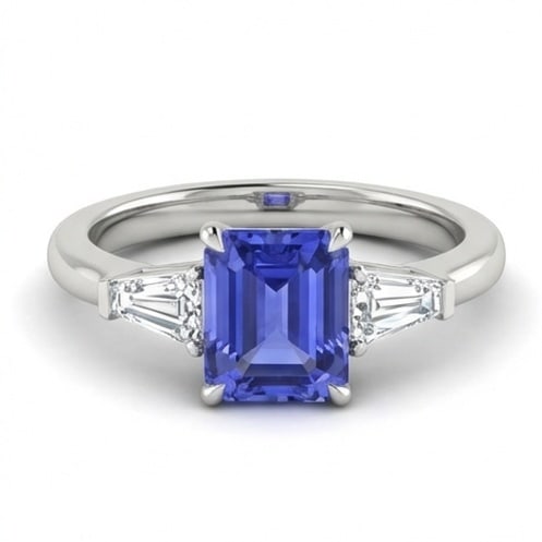 2.5 Ct Emerald Natural Tanzanite 14K White Gold Three-Stone Setting (Tapered) Ring - Certified: This certified fine jewelry piece features a 2.5 carat natural Tanzanite in a Emerald cut, crafted in 14K White Gold. The Three-Stone Setting (Tapered) design highlights the beauty of the natural cent